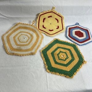 Lot 4 Vintage Handmade Potholders Yellow Green Red Blue Grannycore Cottagecore